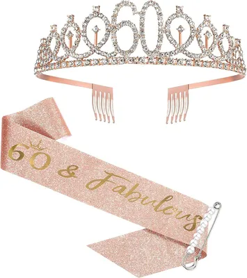 Produktbild von 60. Geburtstagsschärpe und Tiara – Rose Gold Schärpe mit Krone, 60 & Fabulous für Frauen, Geburtstagsgeschenke
