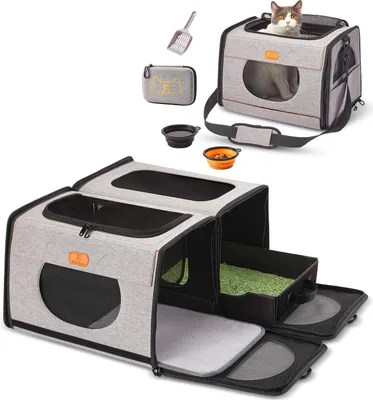 Image de Caisse de transport grande, caisse de transport voyage pour chats, caisse de transport pour chats pliable, panier pour chats un pour litière et caisse souple pour chats 2-en-1 double sac de transport pour animaux