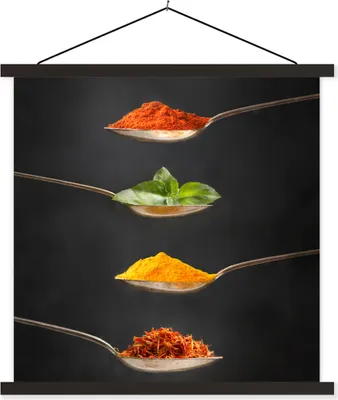 Produktbild von MuchoWow® Textilposter Kräuter - Löffel - Gewürze - Schwarz - Italienisch 120x120 cm mit schwarzem Rahmen - Aufhängungsset