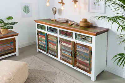 Produktbild von riess-ambiente Einzigartiges Sideboard JAKARTA 160cm Mango weiß bunt recyceltes Massivholz aus Fischerbooten Kommode Schrank Wohnzimmerschrank