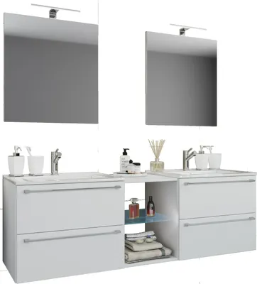 Image de 3 pces Set | 2 lavabo, 2 miroirs, 2 lavabos, 1 compartiment central | Lavabo en céramique | Armoire inférieure 195 cm | Ensemble de meubles de salle de bain Double lavabo - Badinos XXL