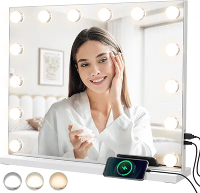 Produktbild von MULISOFT Hollywood Spiegel mit Beleuchtung, Schminkspiegel mit 14 dimmbare LED Lampen 3500-7500k, Helligkeit einstellbar, Touchschalter, USB Ausgang, Make up Spiegel für Tischspiegel oder Wandmspiegel