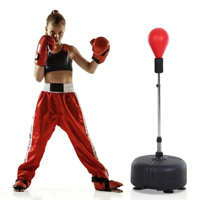 Produktbild von Punchingball-Set höhenverstellbar 136–154 cm, Boxball Standbox mit Saugnäpfen, Kunstleder, Rot | Ø 48 cm | 4 Stufen | inkl. 1 Paar Handschuhe