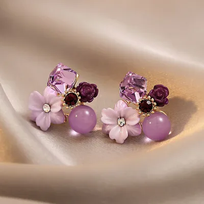 Produktbild von 1 Paar exquisite, charmante Damen-Ohrringe, Geschenk, Strass-Lila-Blumen-Ohrstecker, Schmuckzubehör