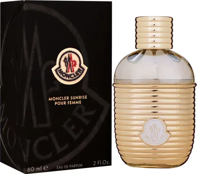 A product shot of Moncler Sunrise Pour Femme perfume and its packaging.