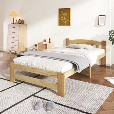 Produktbild von Massivholzbett, 90x200 cm, Einzelbett mit Lattenrost und Kopfteil, Holzbett aus Kiefer, Jugendbett