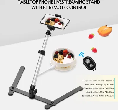 Produktbild von Fotokopierstaender Tischtelefon Livestreaming-Staender-Kit mit verstellbarem Telefonhalter Fernbedienung Overhead-Telefonhalterung Tischstaender Tischstaender fuer Smartphones mit einer Breite von 5,8 bis 9,3 cm max. Laden Sie 2 kg