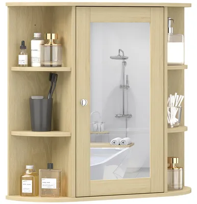 Produktbild von Badezimmerschrank mit Spiegel - Hängender Wandschrank mit Tür und offenen Fächern - Spiegelschrank - 66x17x63 cm - Naturholz