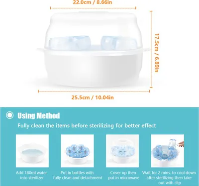 Produktbild von Mikrowellen-Flaschensterilisator mit Dampf, passend für 6 Babyflaschen, Schnullerbecher, Desinfektion in 2–6 Minuten
