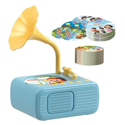 A blue toy record player with a yellow horn, accompanied by stacks of round cards with illustrations.