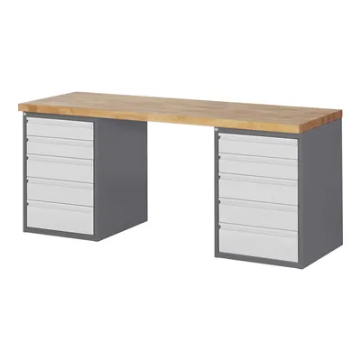 Produktbild von STIER Werkbank Premium, 10 Schubladen, 200x70x84cm, aus pulverbeschichtetem Stahl und Buchenholz, ideal für Montagearbeiten, robust und vielseitig in Werkstätten und Heimwerkerbereichen