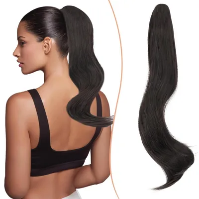 Produktbild von Pferdeschwanz Haarteil mit Klammer 40cm, Gewellt Synthetik Ponytail Extension, Haarverlängerung Clip in Haarzopf Naturschwarz