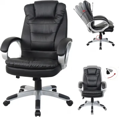 A collage of images showing a black office chair from different angles and demonstrating its features.