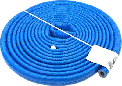 A coiled blue insulating tube on a white background.