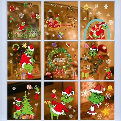 Produktbild von Grinch Kerststickers, PVC, 8 Blätter, 116 Stück, herstellbare, doppelseitige, für Heim- und Schulfeiertage, Fensterdekoration