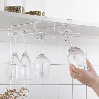 Productafbeelding van Dubbel wijnglazenrek, hoog wijnglazenrek, wijnglazenrek voor onder een keukenkast, hangend wijnglazenrek voor in de keuken, wit.