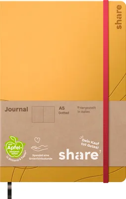 Produktbild von share Journal A5 punktkariert – Notizheft spendet eine Unterrichtsstunde für ein Schulkind – Upcycling Notizbuch aus Apfelschalen – gelb