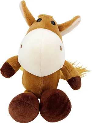 A stuffed toy horse is shown sitting against a white background.