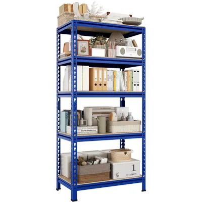 A blue metal shelving unit filled with various items like books, boxes, and decorative objects.