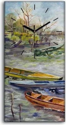 Produktbild von Wanduhr Bürouhr Leinwand Bild 30x60 Gemälde See Boote Bäume Himmel Wolken Kunst - schwarze Hände