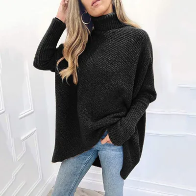 Produktbild von Rollkragenpullover mit langen Fledermausärmeln für Frauen mit asymmetrischem Saum, lässiger Pullover mit Strickpullover