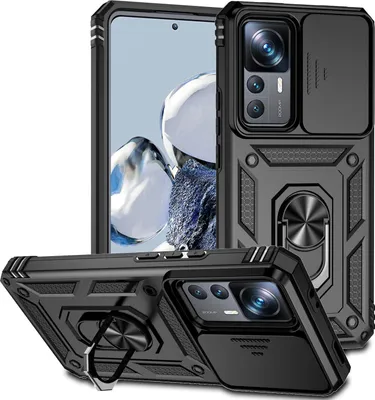 Image de Etui pour Xiaomi 12T / 12T Pro / Redmi K50 Ultra étui double couche avec protection coulissante de l'appareil photo et anneau de support noir