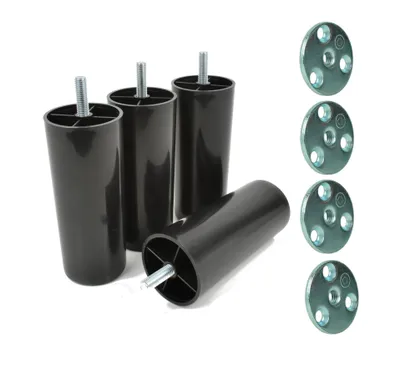 Obrázok produktu pre Sada 4 ks plastových nožičiek na nábytok, čierne, M8 x 25 mm, výška 120 mm, vrátane 4 ks montážnych podložiek z ocele Ø 40 mm, nožičky na pohovku, posteľ a skriňu
