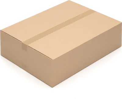 A single cardboard box is shown from a slightly elevated angle against a white background.