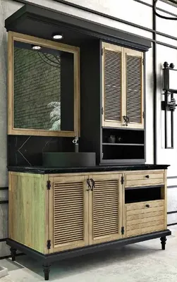 Produktbild von Casa Padrino Luxus Landhausstil Badezimmer Set Naturfarben / Schwarz - Beleuchteter Waschtisch mit 4 Türen und 2 Schubladen und 1 Waschbecken und 1 Wandspiegel - Landhausstil Badezimmermöbel