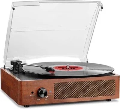 Obrázek produktu pro Gramofon s Bluetooth – s reproduktory – tři rychlosti 33 1/3, 45 a 78 otáček za minutu – AUX – vintage – hnědý