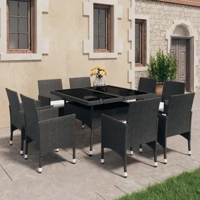 Produktbild von The Living Store 9-tlg. Garten-Essgruppe Poly Rattan und Glas Schwarz