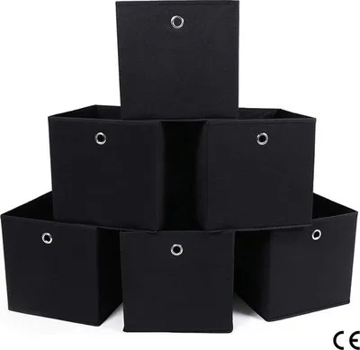 Obrázek produktu pro Látkové úložné boxy – sada 6 kusů, skládací, z netkané textilie, boxy, úložné tašky, organizéry na hračky a oblečení, s puntíky, černé