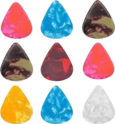 Produktbild von Gitarrenplektren in 3 verschiedenen Stärken, 9 Stück Zelluloid-Gitarrenplektren, für Akustik-, E-Gitarre, Bassgitarre, Ukulele (0,5 mm, 0,75 mm, 1,0 mm)