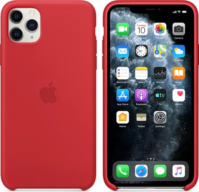 A red iPhone 11 Pro Max case is shown next to the iPhone 11 Pro Max itself, displaying its home screen.