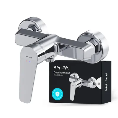 A chrome-finished shower faucet and its packaging are displayed against a white background.