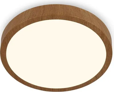 A round, flush-mount LED ceiling light with a wood-grain effect frame and a white diffuser.