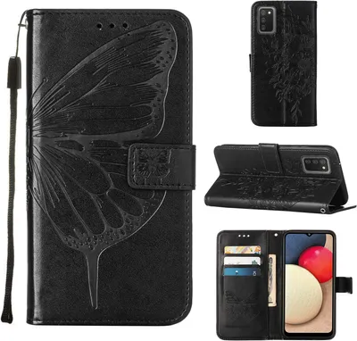 Produktbild von Galaxy A02S Hülle, Schmetterling Prägung Flip Leder Kartenfächer Schutzhülle Ledertasche mit Ständer für Samsung Galaxy A02S Schwarz