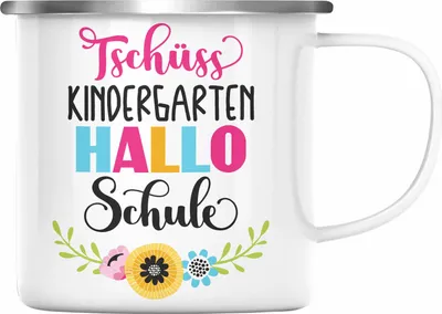 Produktbild von Trendation - Tschüss Kindergarten Hallo Schule Mädchen 2022 Geschenk Emaille Tasse Schulstart 1. Schultag Schuleinführung Schulanfang Geschenkidee 2022 Schulkind Ich Glitzer Jetzt In Der Schule (Silber)