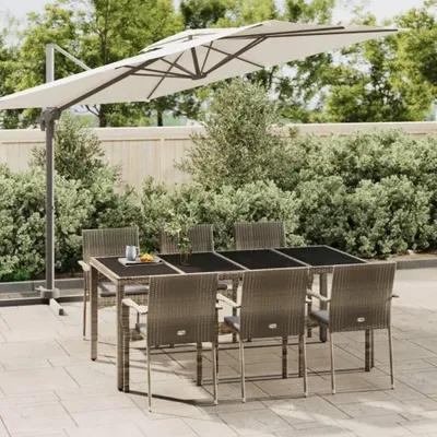 Immagine prodotto di set da pranzo da giardino 7 pezzi con cuscini in poly rattan grigio