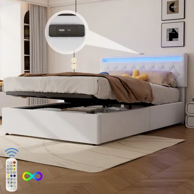 Produktbild von Čalouněná postel Flieks 140x200 cm s funkcí nabíjení (USB a Type-C), úložný prostor manželská postel postel pro mladé s LED, hydraulická pružinová postel dřevěná postel, povlečení