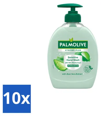 Imagen del producto de 10 unidades de jabón líquido para manos Palmolive Hygiene Plus Sensitive, con aloe vera, de 300 ml cada uno. Paquete económico