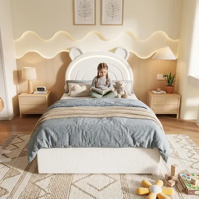 Produktbild von Kinder-Polsterbett 90 x 200 cm, Beige, mit Bären-Kopfteil, 4 Schubladen an beiden Bettseiten, App-gesteuerter LED-Beleuchtung und Belastbarkeit bis 220 kg