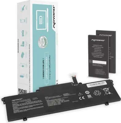 A laptop battery and its packaging are displayed against a white background.