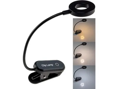 A clip-on LED reading light is shown, with inset images demonstrating different light color temperatures.