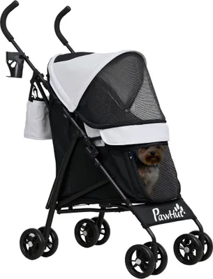 Image de PawHut Poussette chien, poussette pour chien 4 roues, chariot pour chien, structure parapluie, légère, pliable, roues en EVA, sac de rangement, poussette chat charge 4 kg, gris clair
