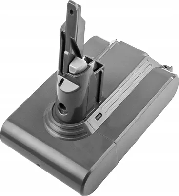 A close-up, studio shot of a gray vacuum cleaner battery pack.