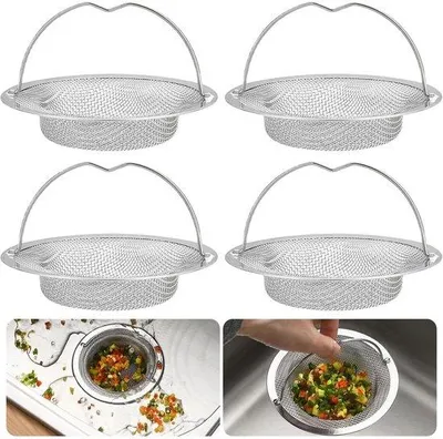 Image de Filtre d'évacuation en acier inoxydable, 4 pièces, avec poignée, anti-obstruction, filtre d'évacuation de cuisine