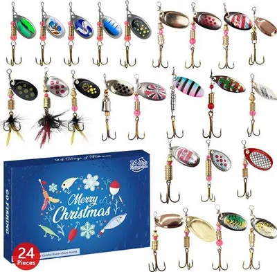 Image de Calendrier de l'Avent - 24 jours pour compter les jours jusqu'à Noël - Coffret cadeau de Noël - Cadeau de Noël - Pêche - Compte à rebours de Noël - Ensemble d'appâts artificiels - Kit d'accessoires de pêche - Ensemble de pêche - Appâts artificiels - Avec 24 compartiments - 24 couleurs/formes de leurres différents