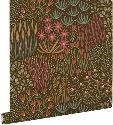 Imagen del producto de ESTAhome papel pintado hojas y flores verde y rojo barro cocido 50 x 900 cm