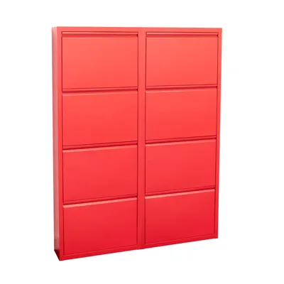 Produktbild von Pisa Schuhschrank mit 8 Klappen/Türen in Metall rot. Fertig montiert geliefert.